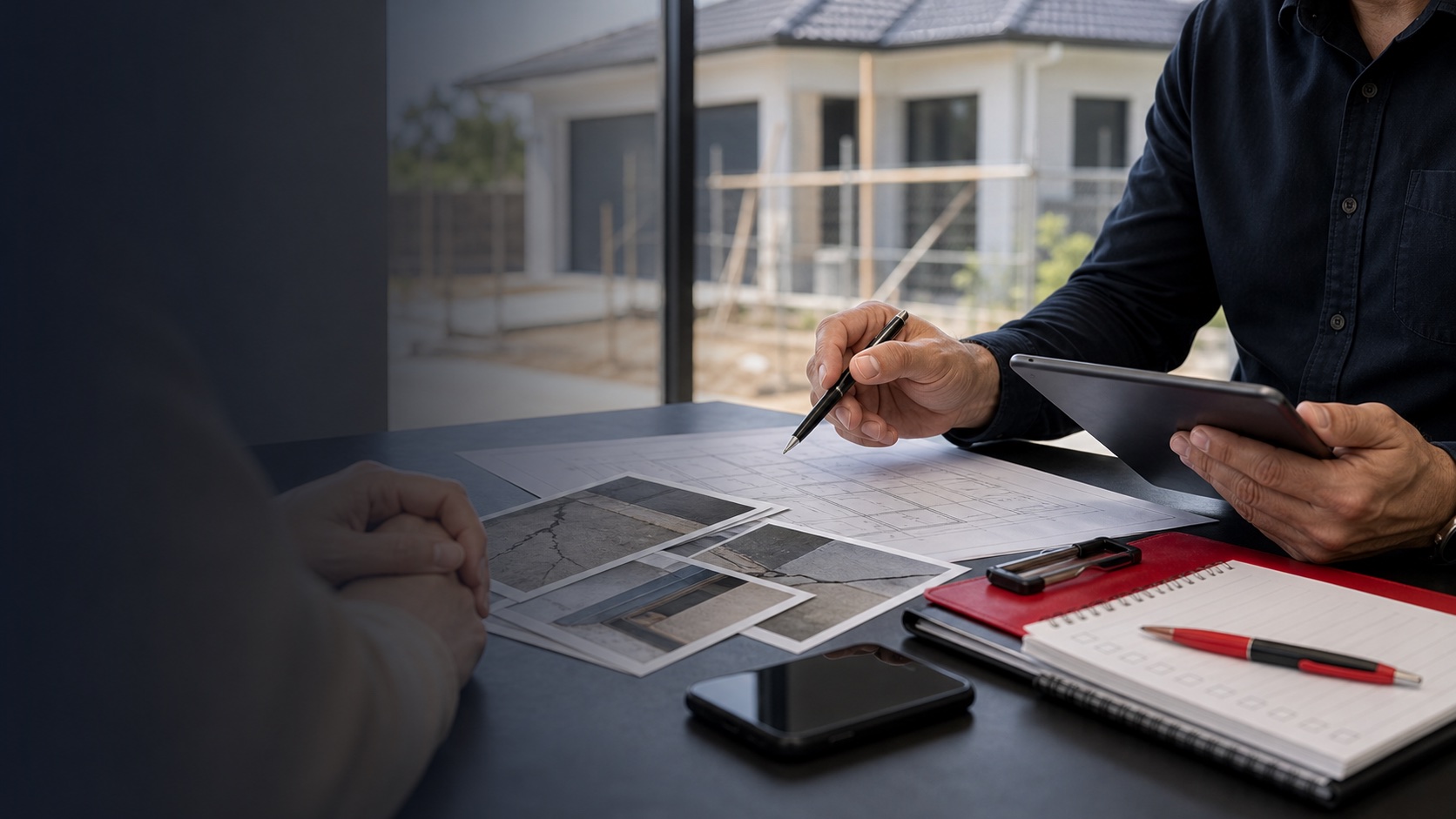 Building inspector discussing inspection reports and plans with a client