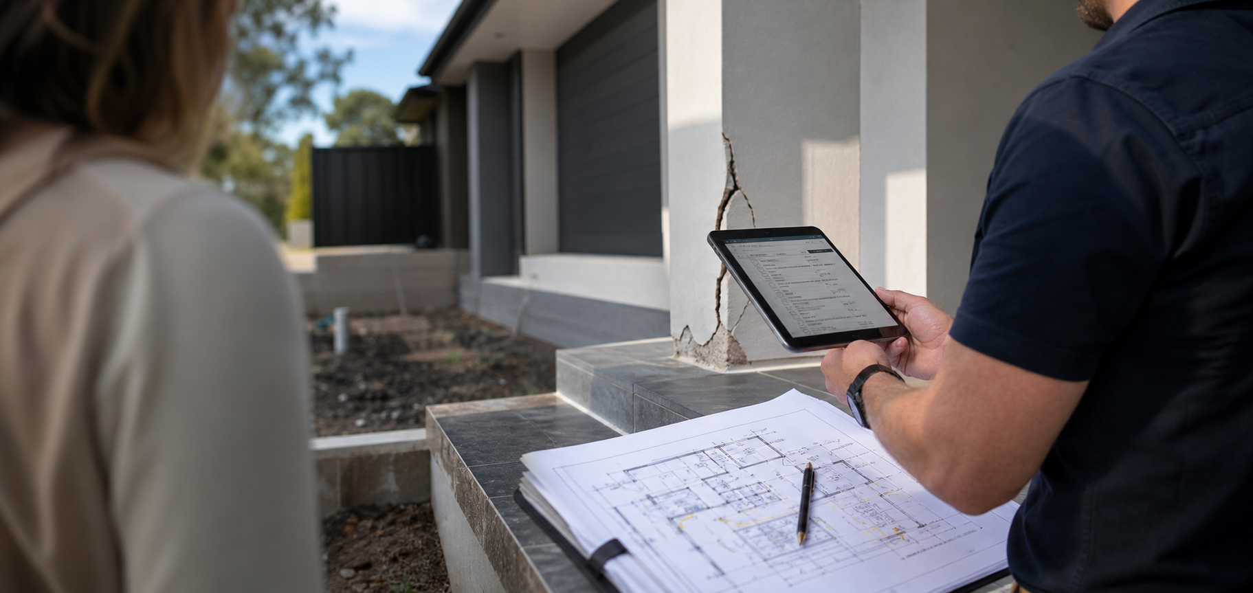 Independent building inspector documenting a defect at a new home