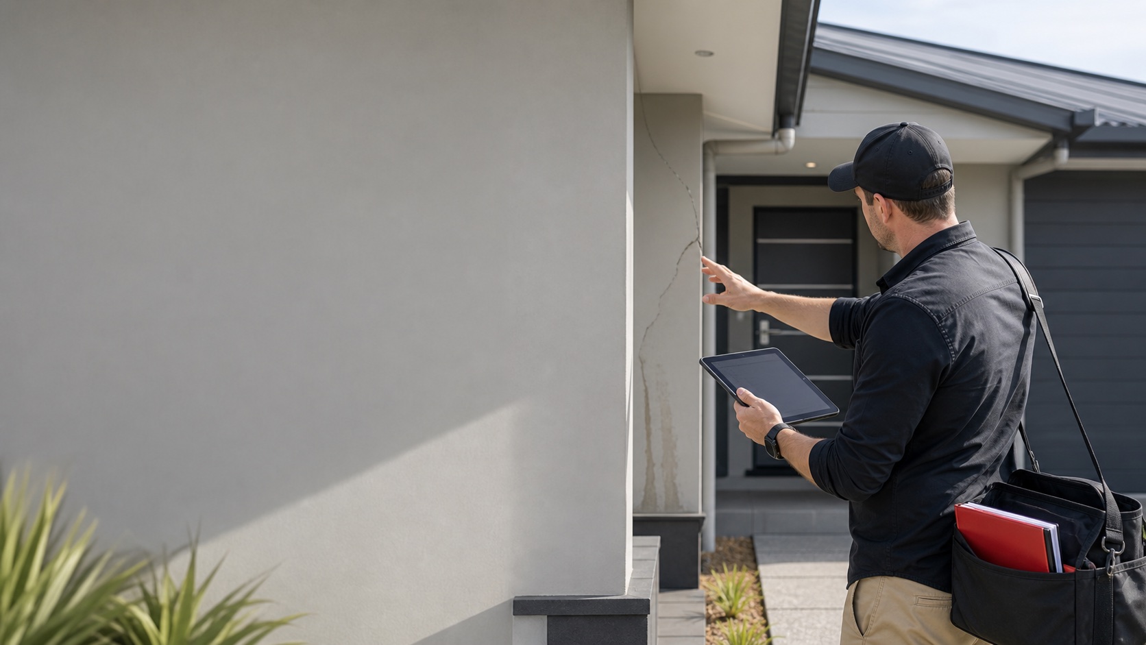 Building inspector assessing cracking and defects at a modern home