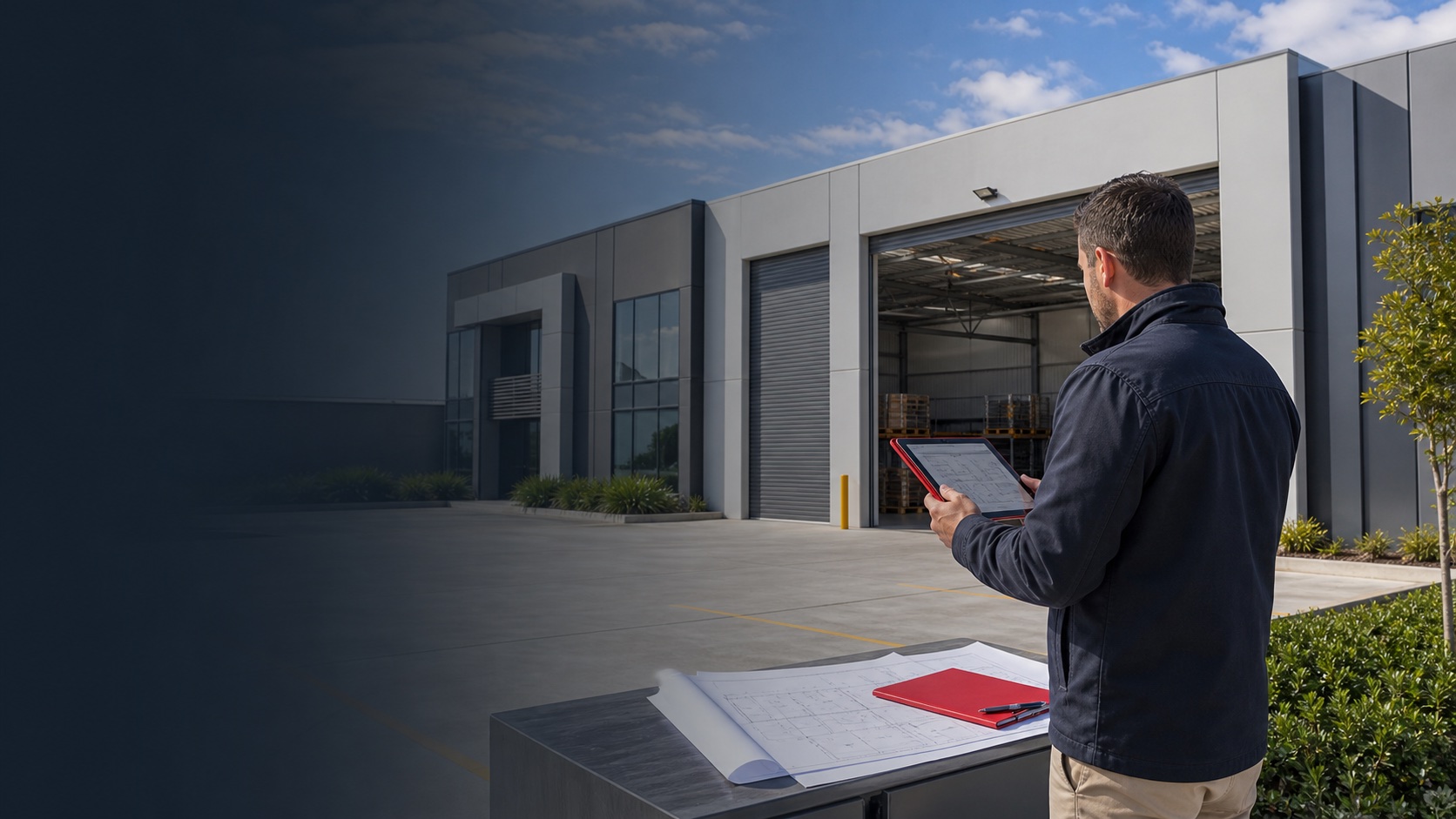 Inspector reviewing plans at a commercial property before purchase