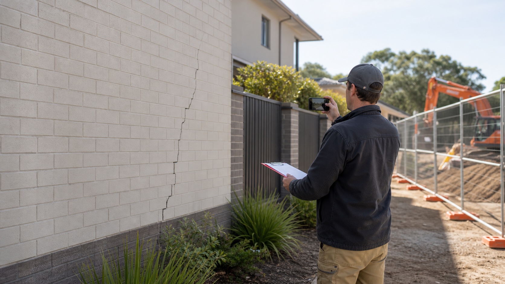 Inspector documenting property condition before nearby construction works