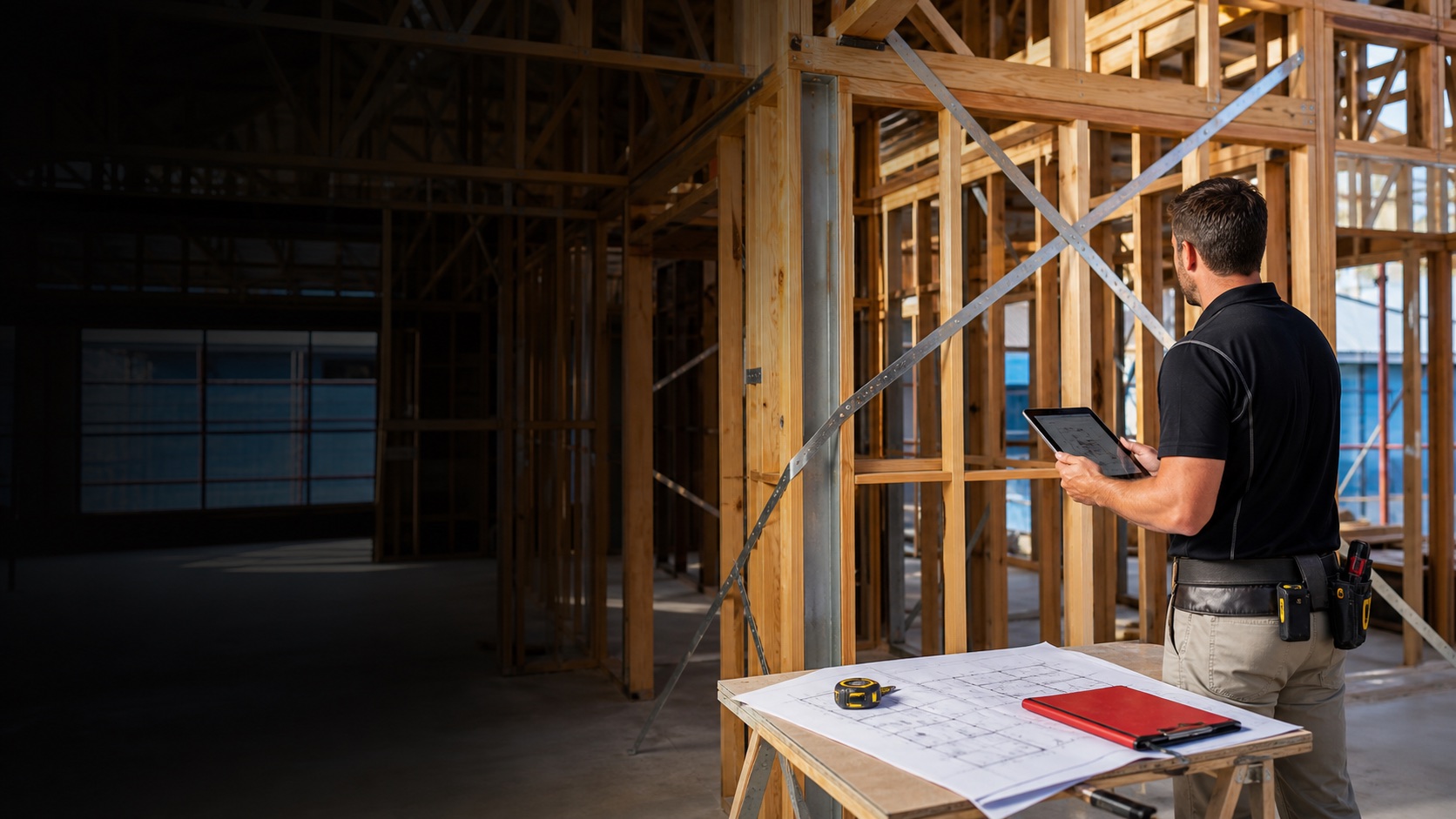 Inspector checking framing during a new construction progress inspection